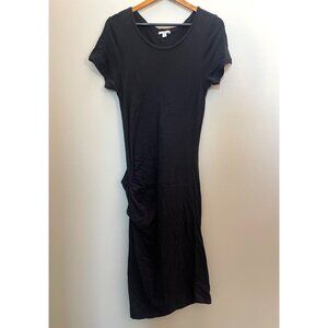 James Perse Black Short Sleeve Ruched Midi Dress Size 4 bodycon